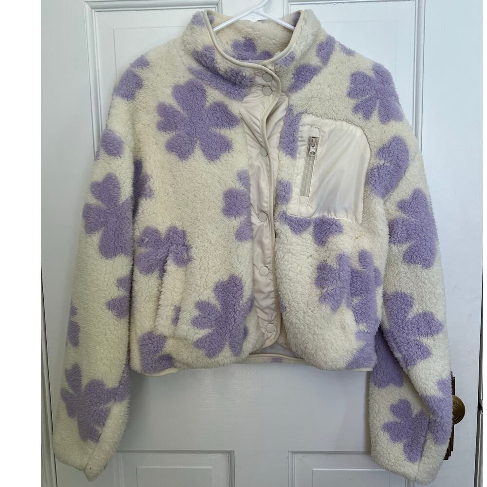 NEW Thread & Supply High Pile Fleece Floral Jacket Lavender Cream Women's XS